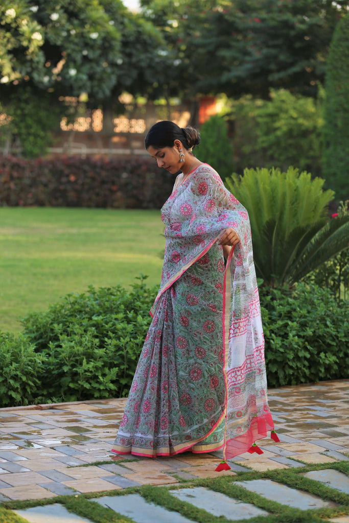 blockprint kota doria saree with tassels