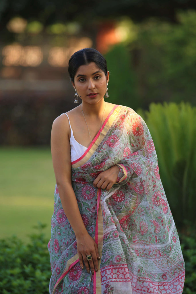 blockprint kota doria saree with tassels