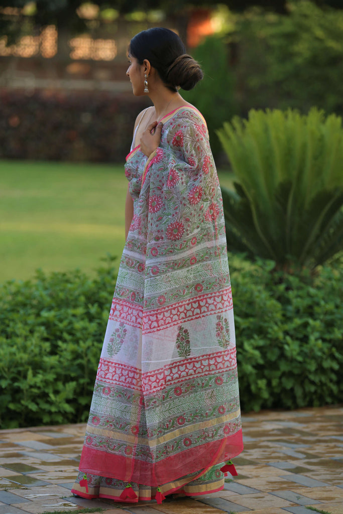blockprint kota doria saree with tassels