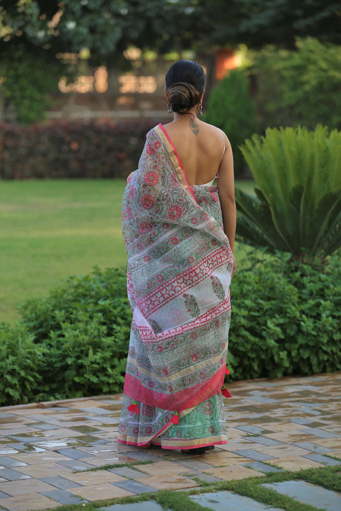 blockprint kota doria saree with tassels
