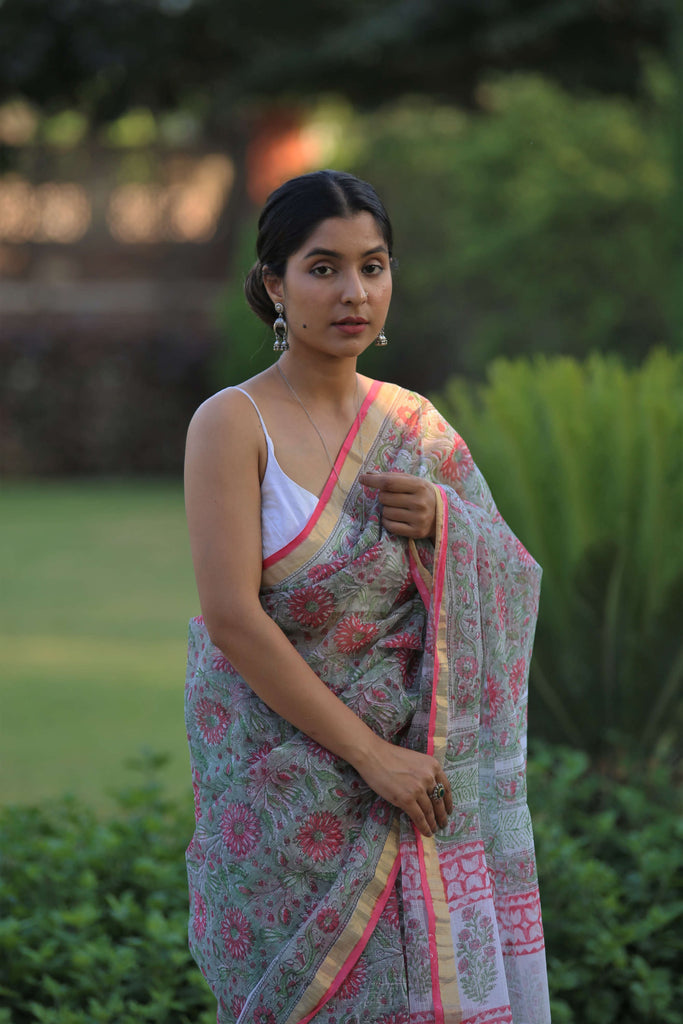 blockprint kota doria saree with tassels