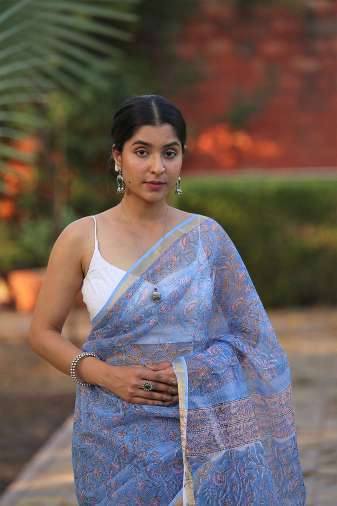 blue blockprint kota doria saree with tassels
