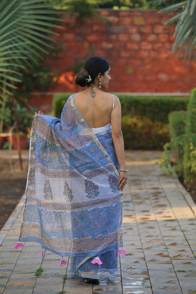 blue blockprint kota doria saree with tassels