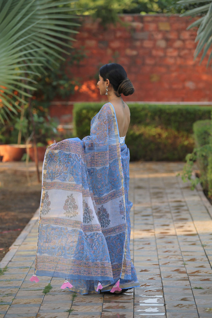 blue blockprint kota doria saree with tassels