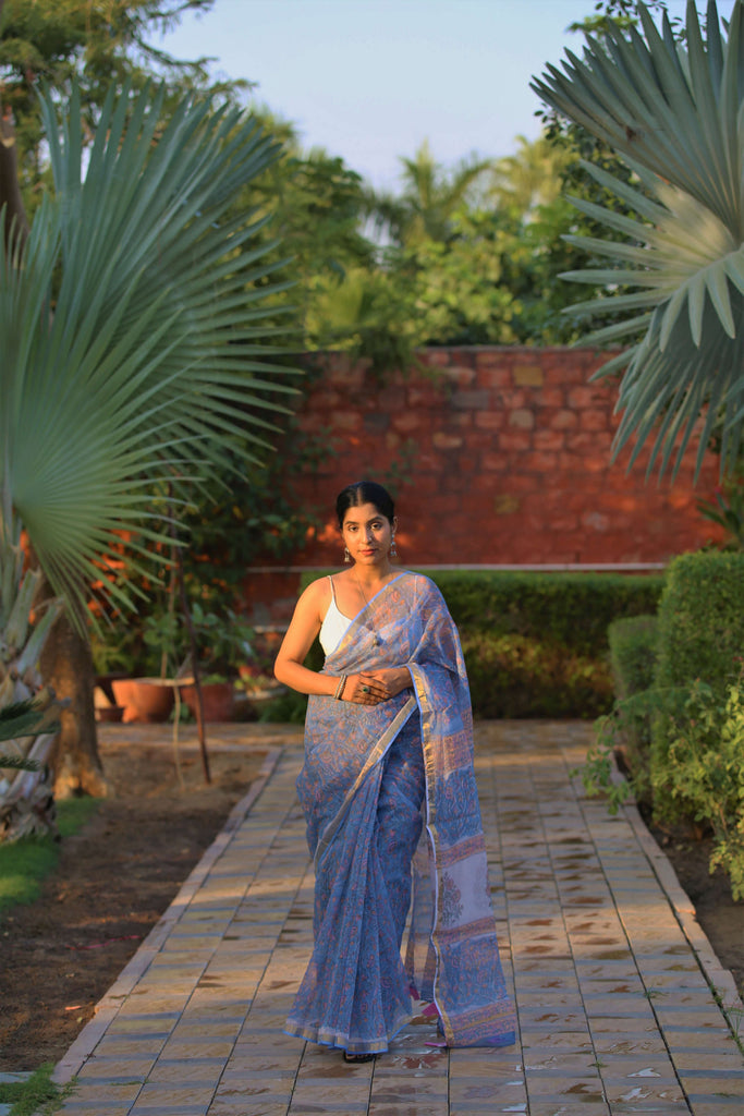 blue blockprint kota doria saree with tassels