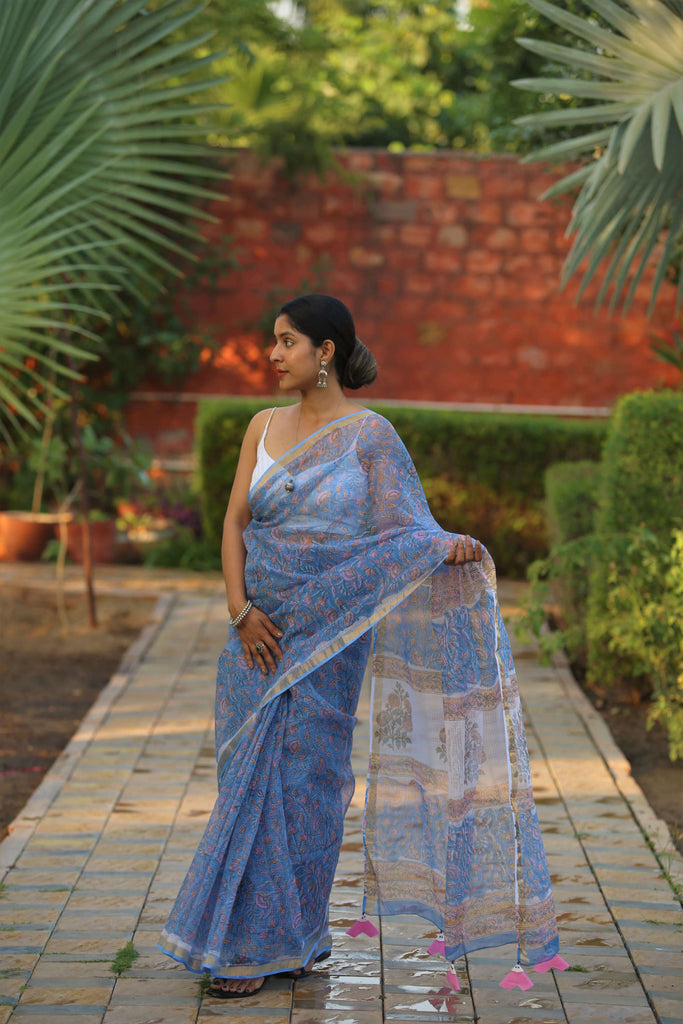blue blockprint kota doria saree with tassels