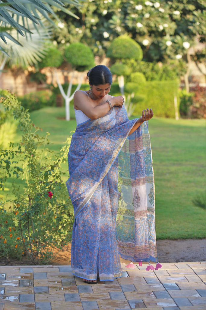 blue blockprint kota doria saree with tassels