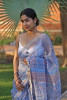 blue blockprint kota doria saree with tassels