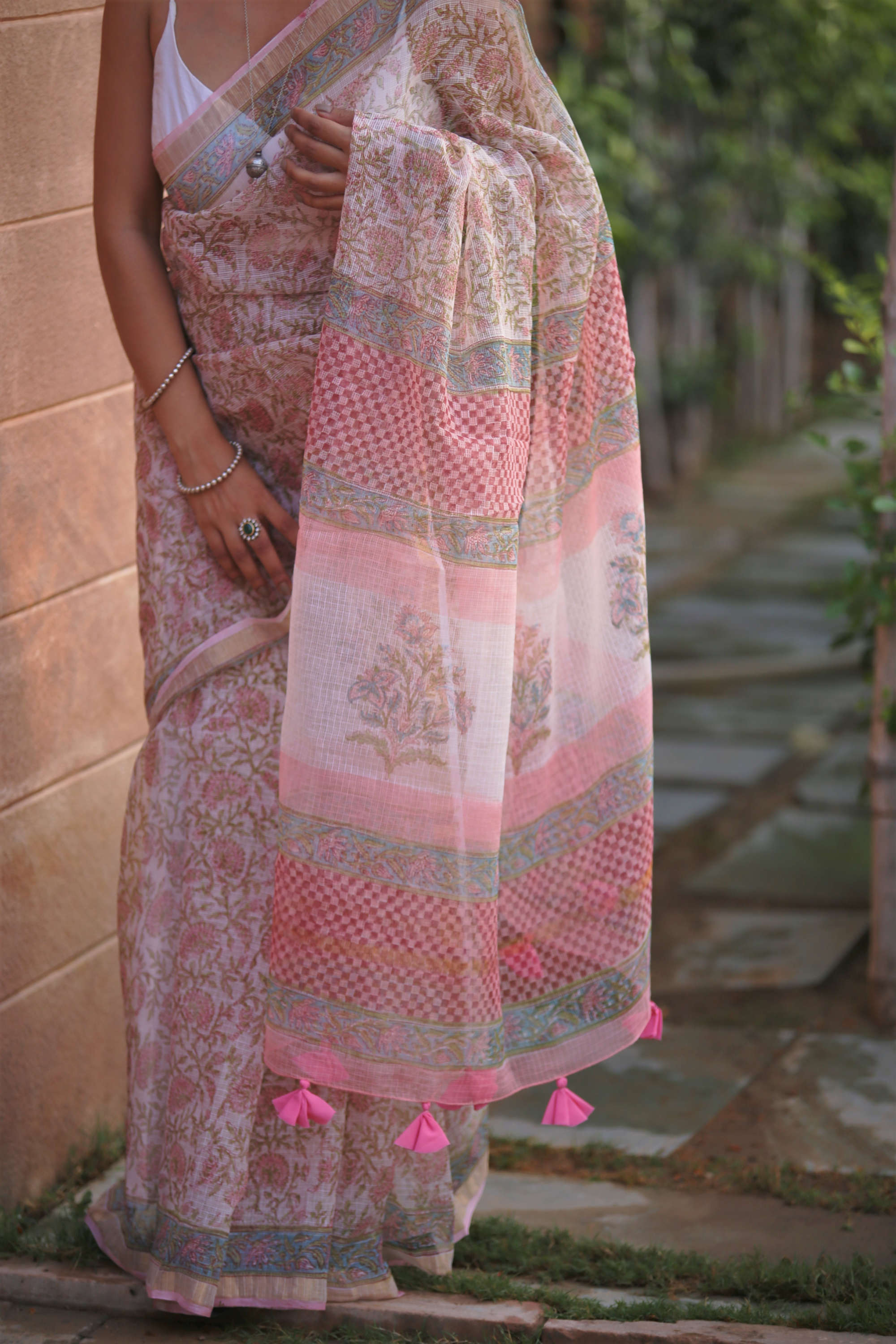 pink blockprint kota doria saree with tassels