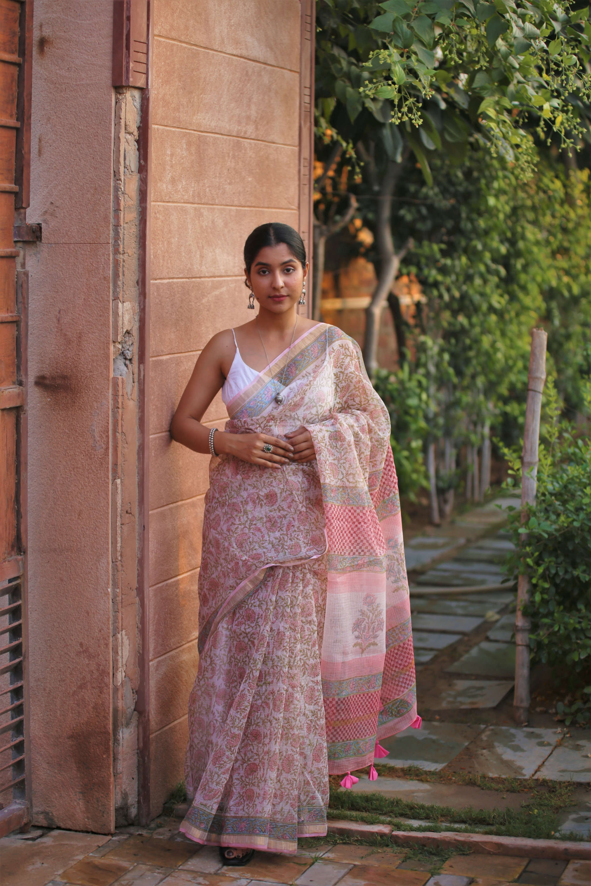 pink blockprint kota doria saree with tassels