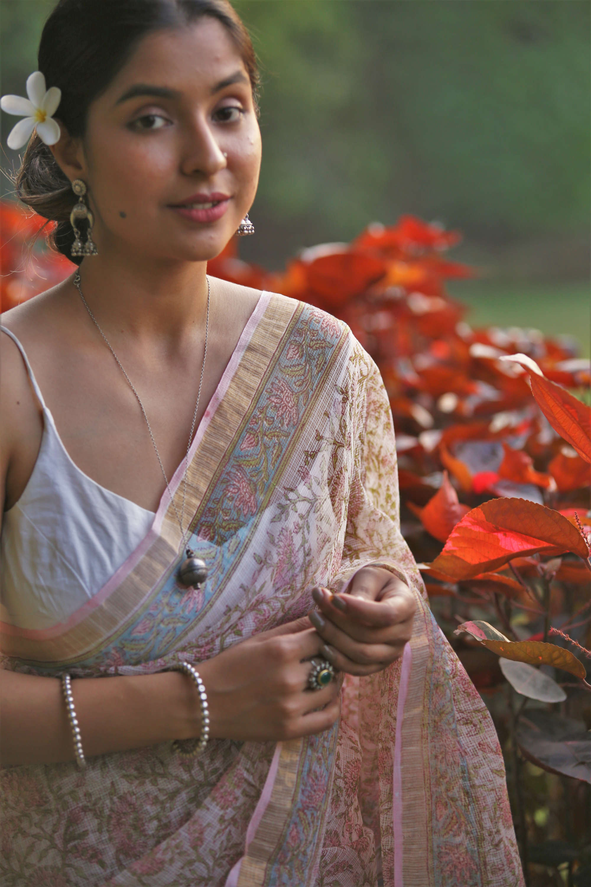 pink blockprint kota doria saree with tassels