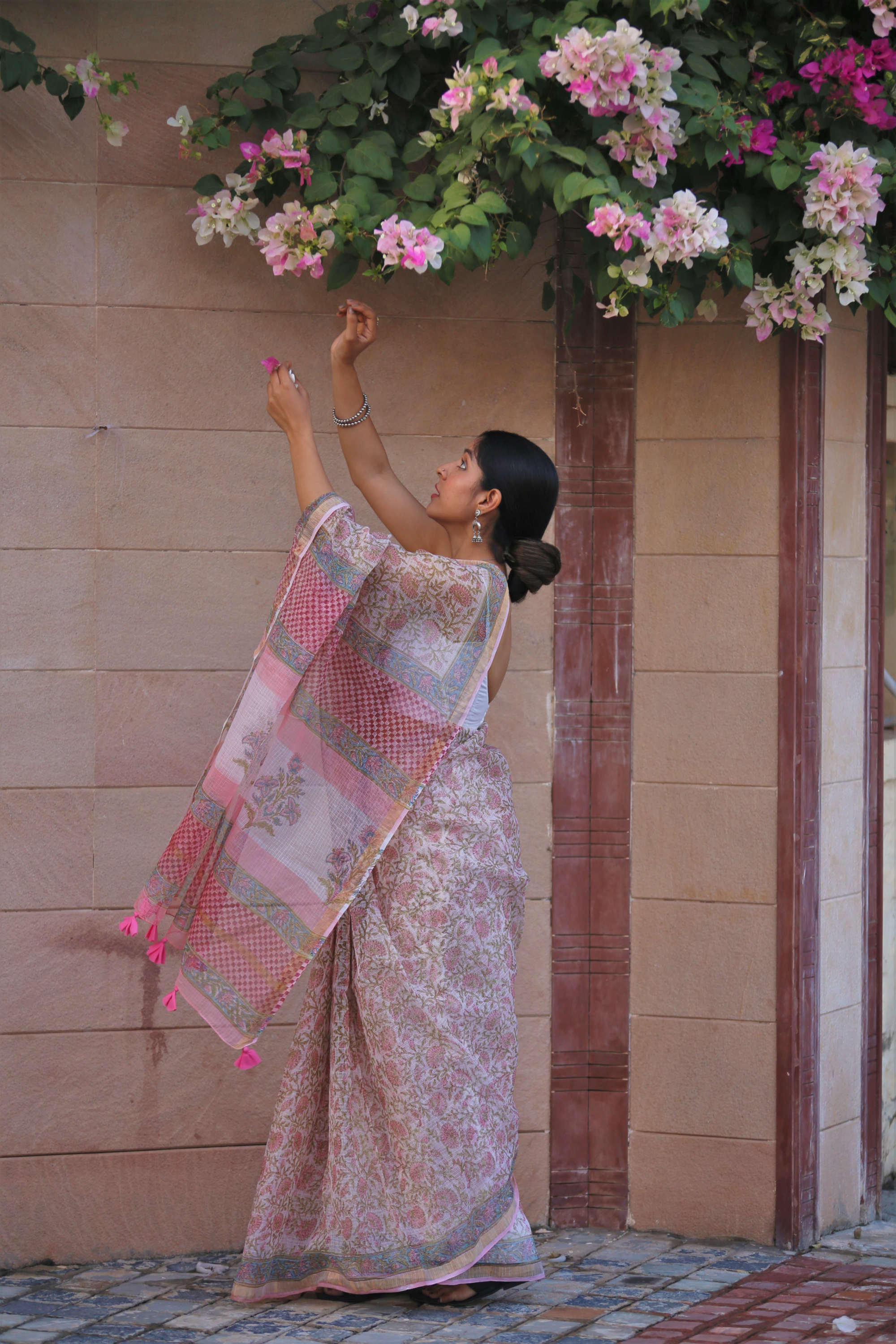 pink blockprint kota doria saree with tassels