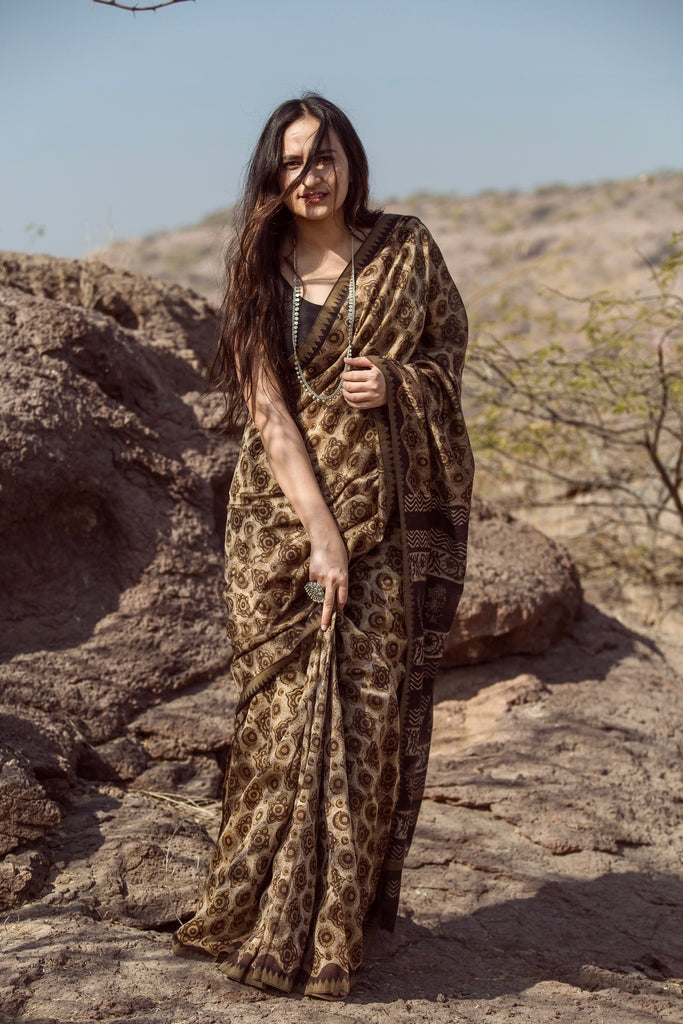Ajrakh Dabu Chanderi Silk Jute Border Saree