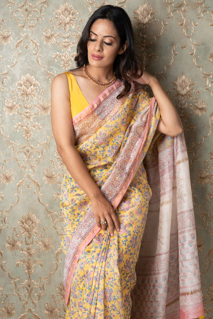chanderi saree  blockprint saree yellow saree handcrafted saree hand embroidery saree