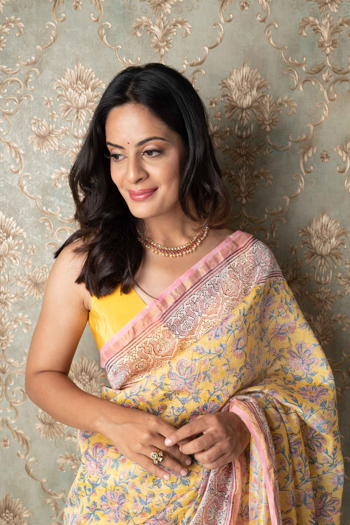 chanderi saree  blockprint saree yellow saree handcrafted saree hand embroidery saree