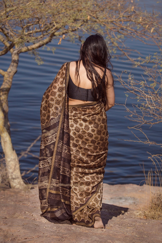 Ajrakh Dabu Chanderi Silk Jute Border Saree