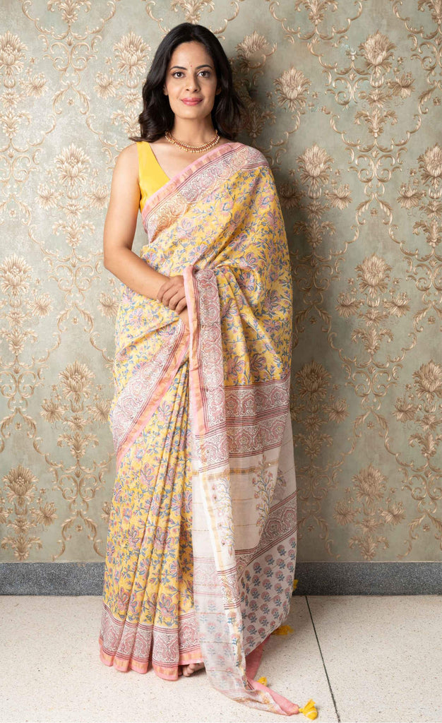 chanderi saree  blockprint saree yellow saree handcrafted saree hand embroidery saree