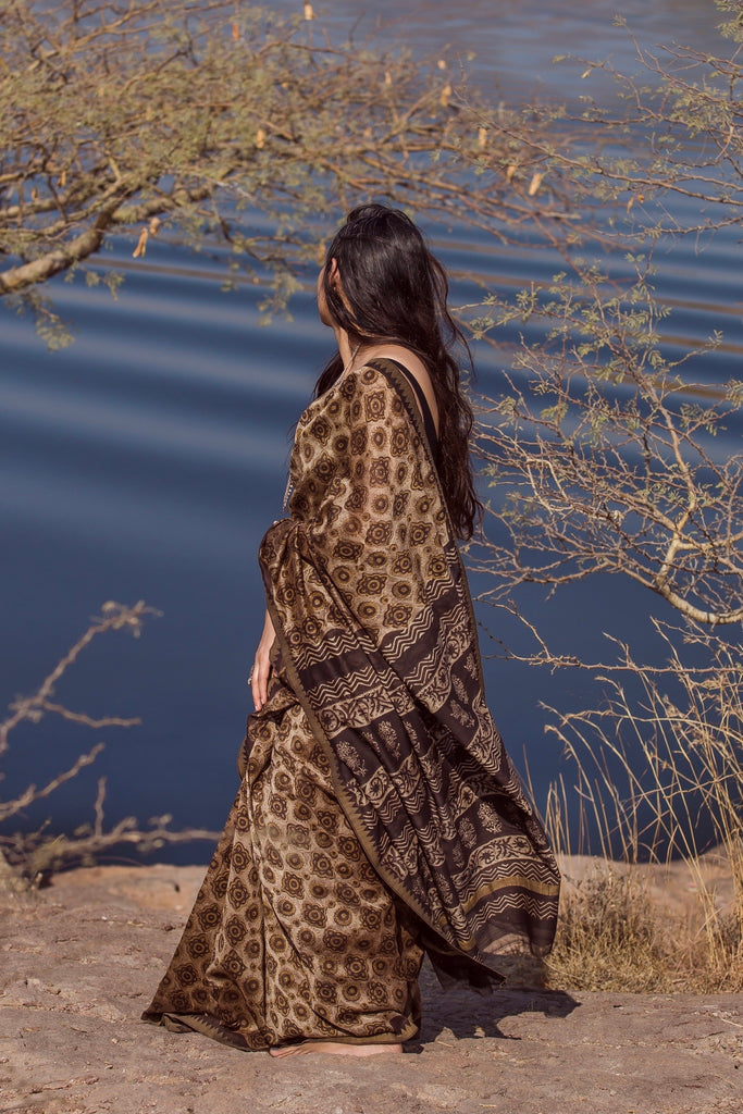 Ajrakh Dabu Chanderi Silk Jute Border Saree