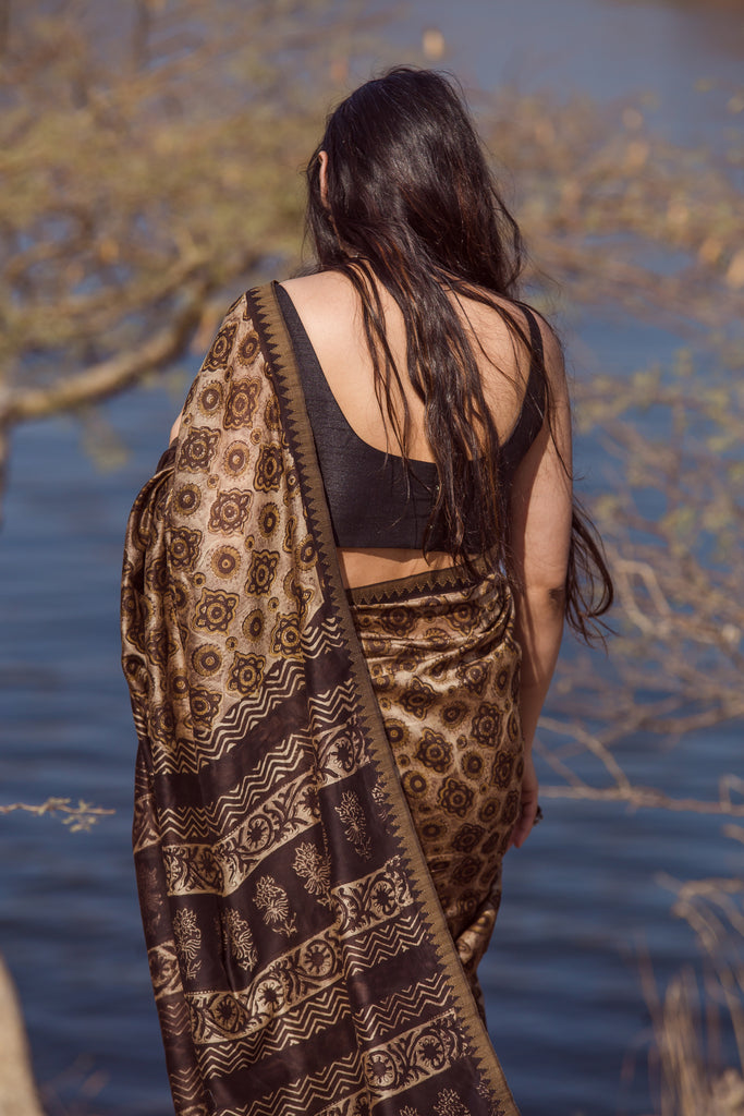 Ajrakh Dabu Chanderi Silk Jute Border Saree