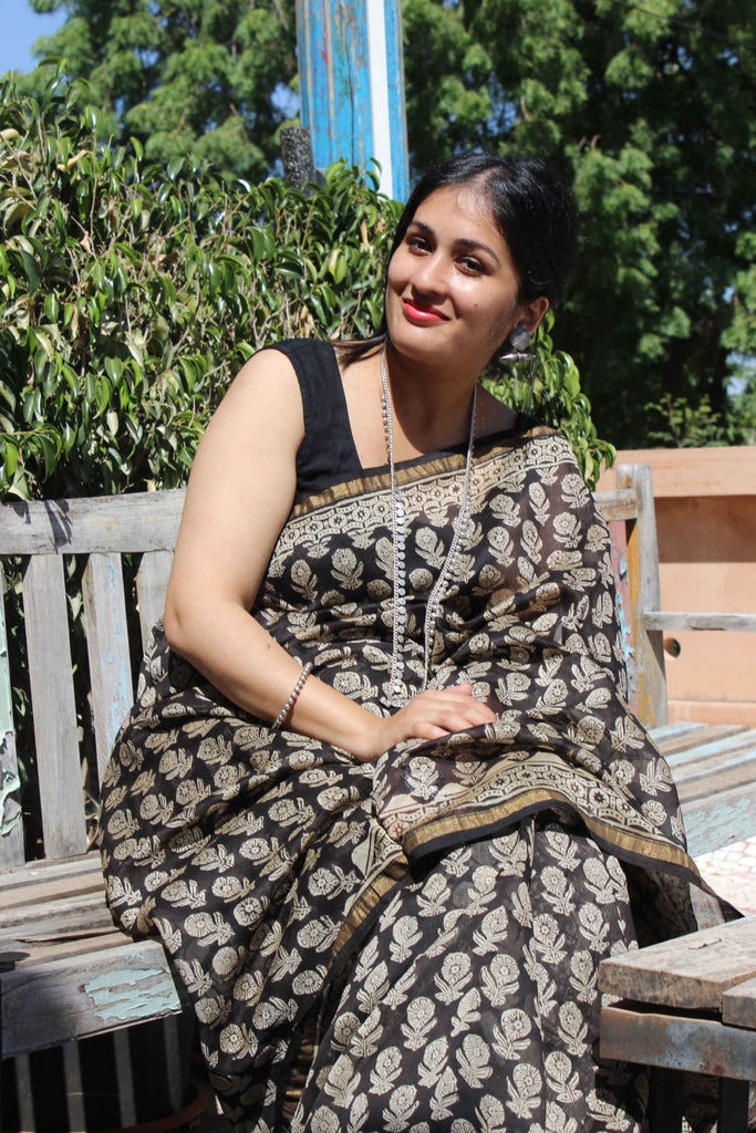 chanderi saree  blockprint saree black saree handcrafted saree hand embroidery saree