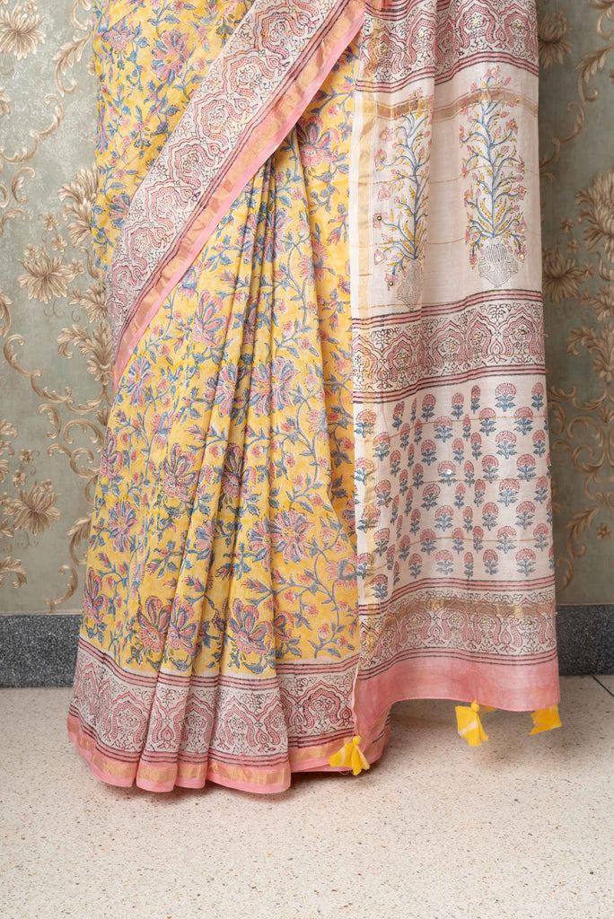 chanderi saree  blockprint saree yellow saree handcrafted saree hand embroidery saree