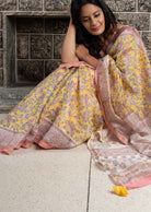chanderi saree  blockprint saree yellow saree handcrafted saree hand embroidery saree