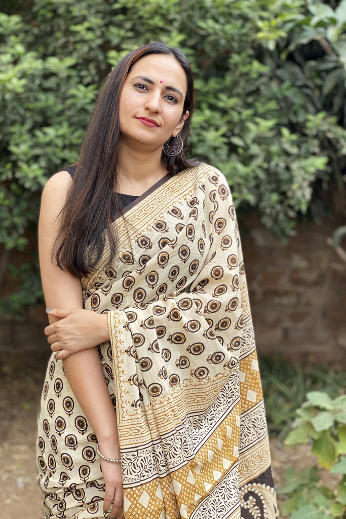 Beige Blockprint Sari