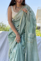 blockprint saree chanderi saree mint color saree pastel color saree