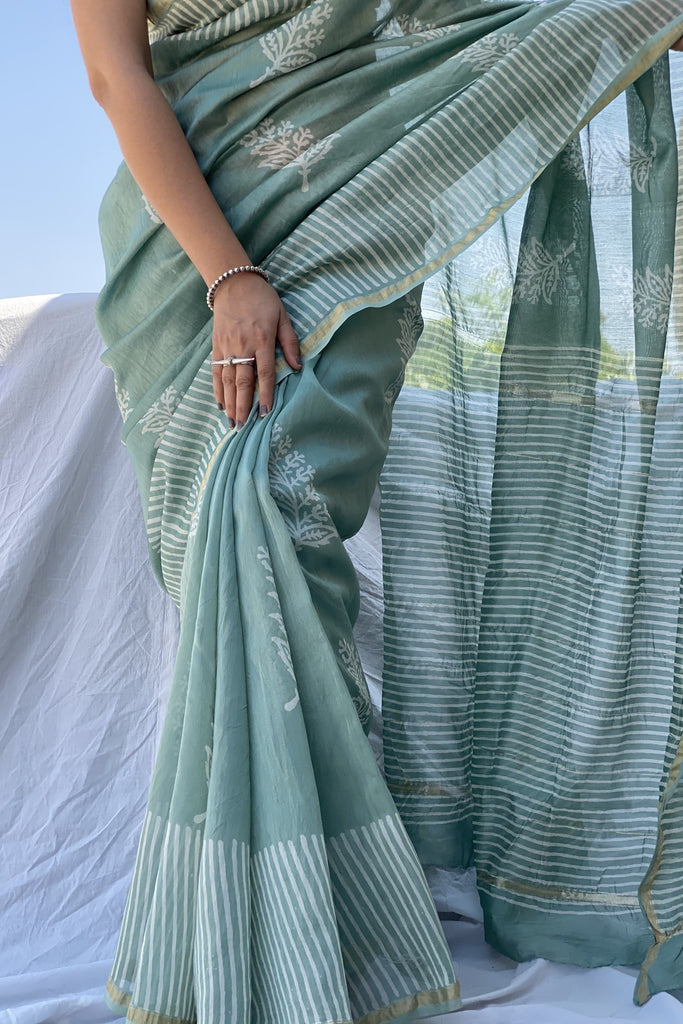 blockprint saree chanderi saree mint color saree pastel color saree