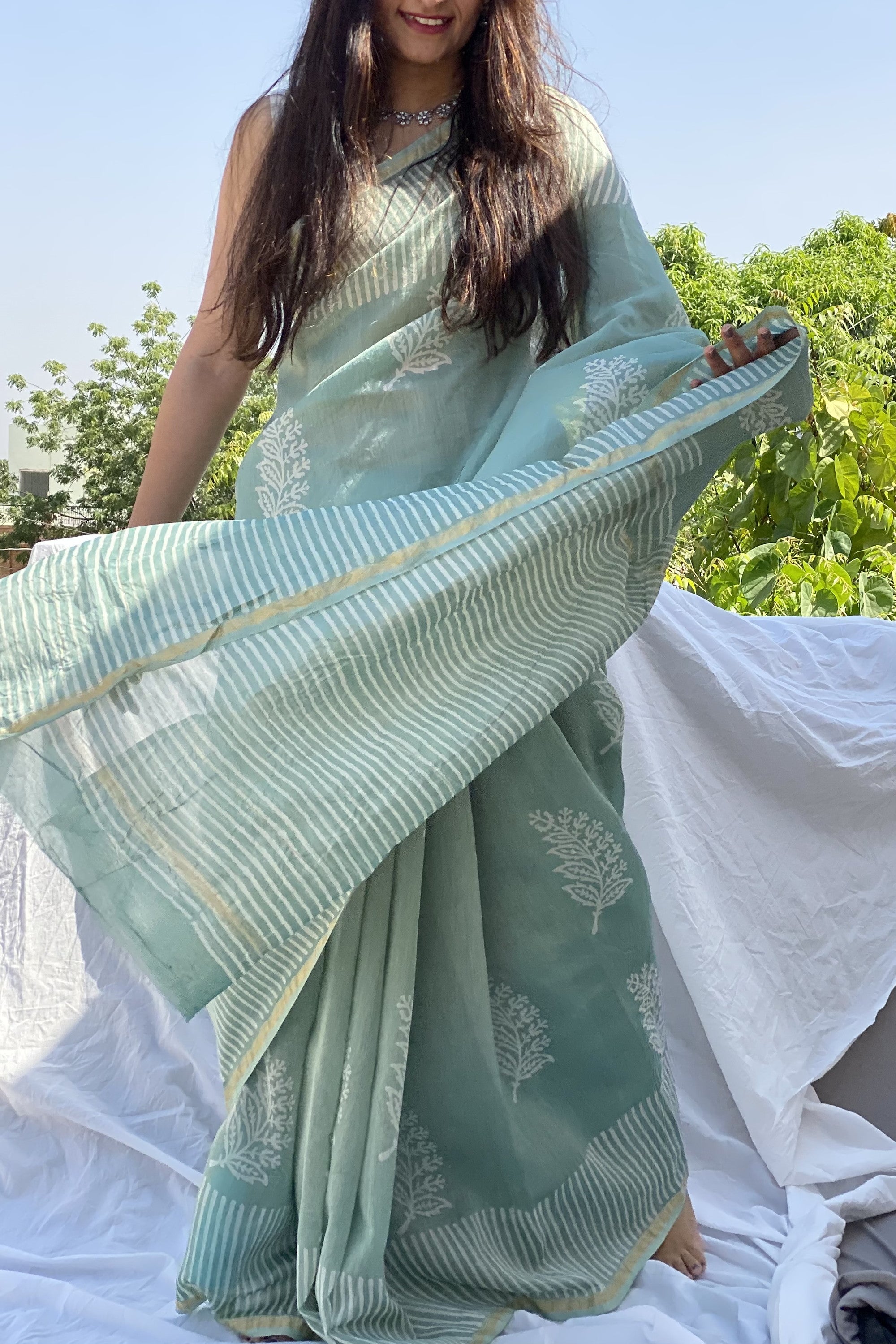 blockprint saree chanderi saree mint color saree pastel color saree